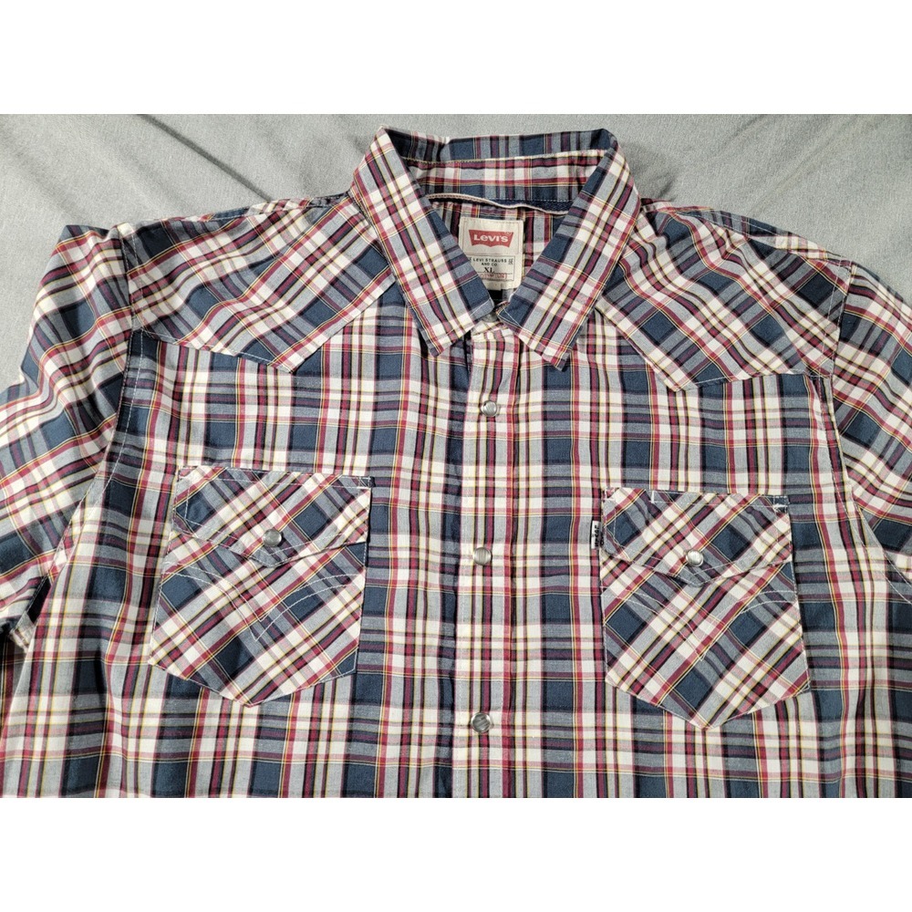 Levis Shirt Mens XL Blue Red Plaid Modern‎ Pearl Snap Western Rodeo White Tab